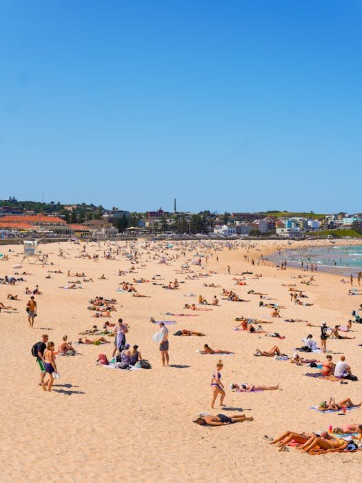 Crowded sunny beach with turquoise water